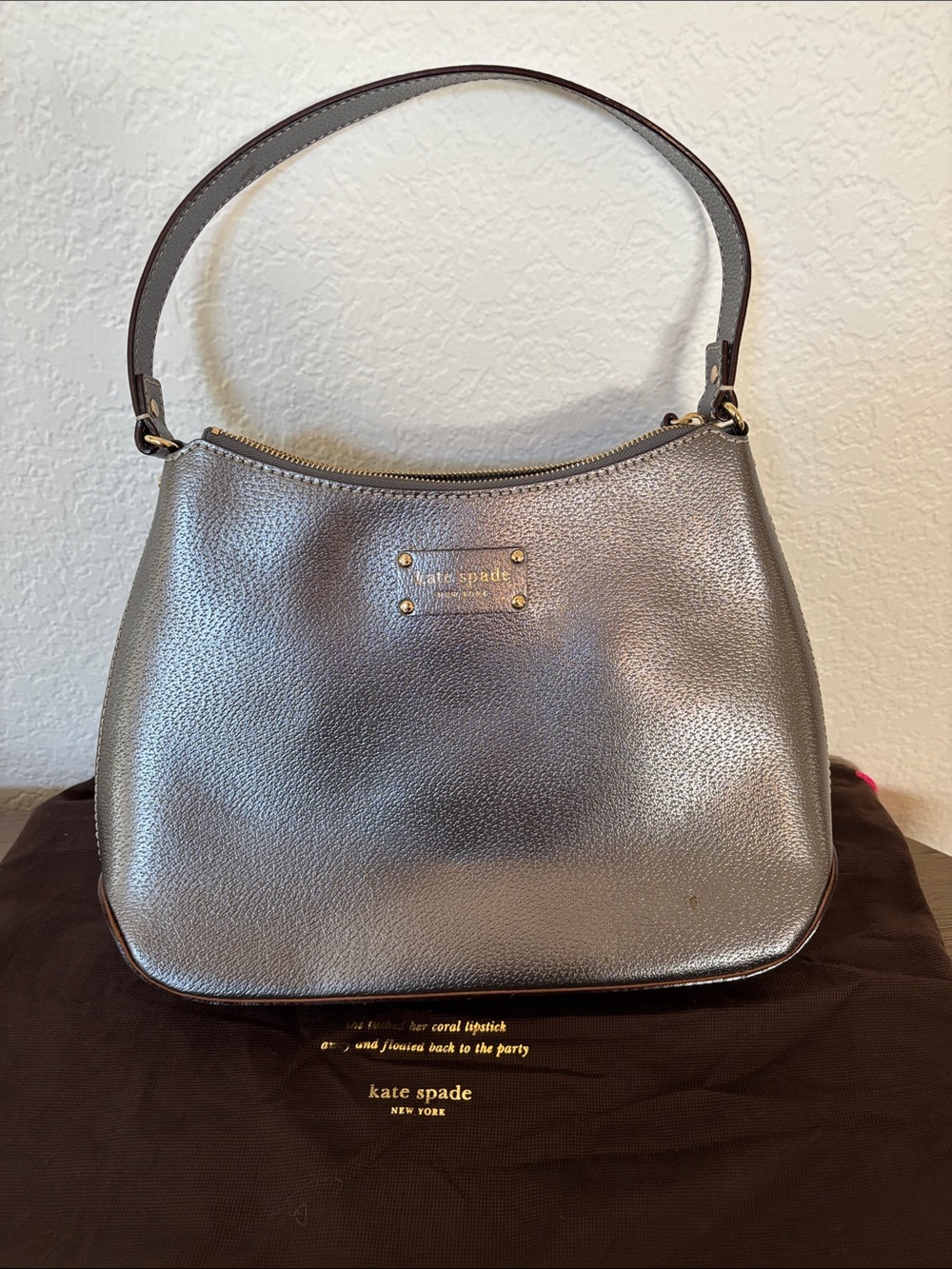 kate spade Metallic Gray Pebbled Leather Shoulder Bag with Gold Hardware